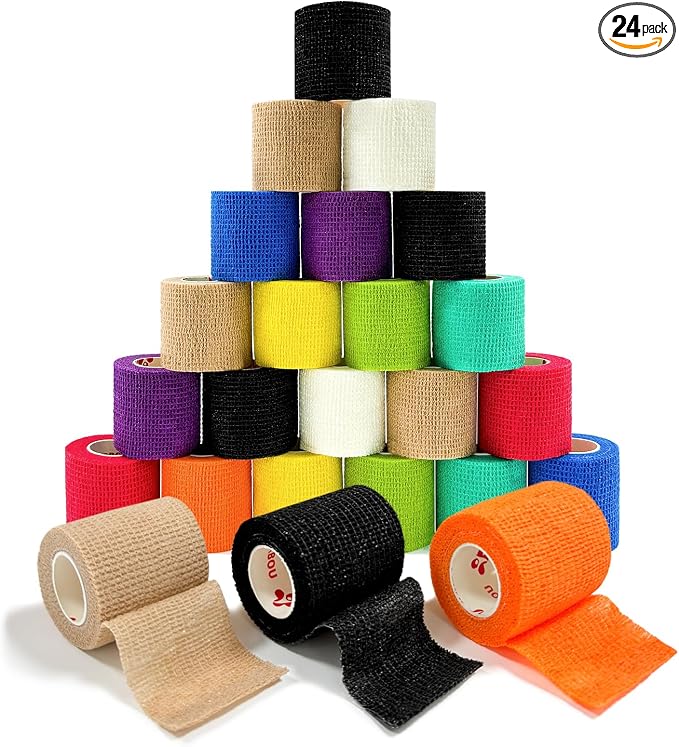 [24Pack 2" x5 Yards] Self Adhesive Bandages Vet Wrap, Wrap Tape Athletic Cohesive Bandage for Sports Injury, Strain, Knee&Wrist, Ankle Sprains. First Aid Non-Woven Bandages