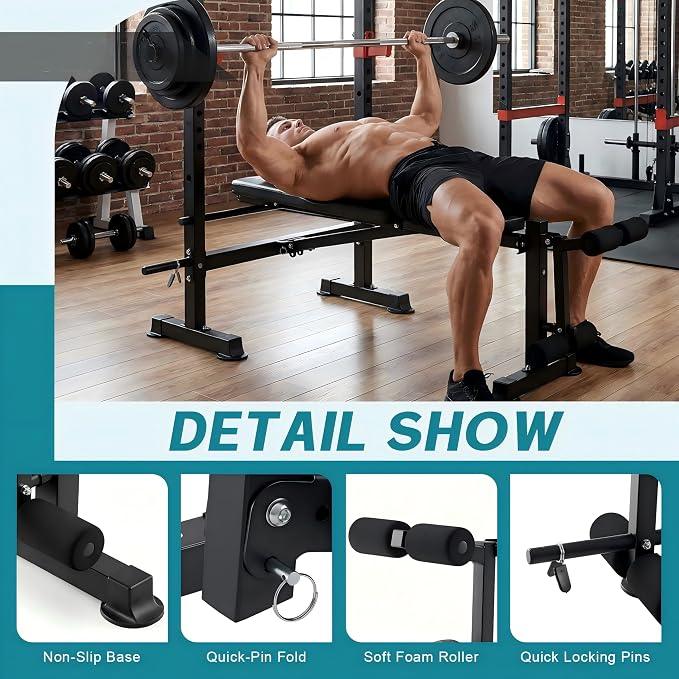 DUMOS Adjustable Weight Bench Set with Rack, 650LBS Foldable Bench Press | Easy Assembly Workout Set with Leg Extension Curl, for Indoor Exercise Home Gym