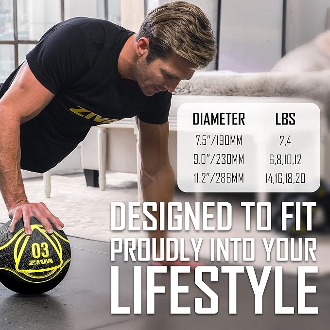 ZIVA Medicine Ball – Durable Rubber Weighted Ball with Easy-Grip Textured Shell for Core, Balance and Strength Training – Commercial Quality (Black, 4–20 lb)