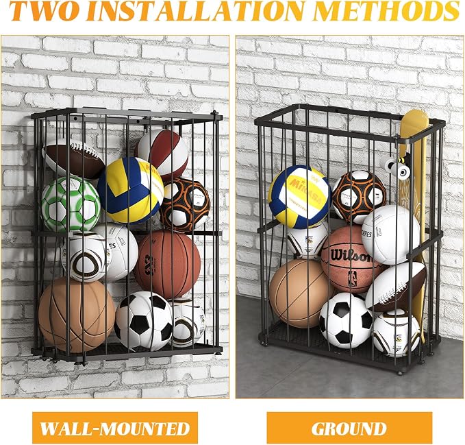 Hencawima Garage Ball Storage Wall-Mounted & Floor Sports Equipment Organizer: Sports Ball Rack with Elastic Rope, Holder for Basketball, Soccer, Volleyball, Football, Garage, Gym, Black