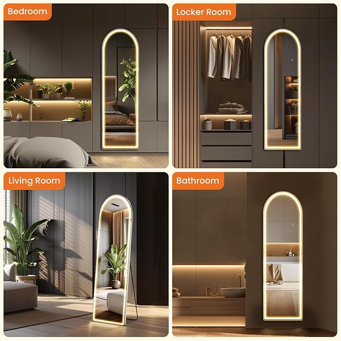 Sweetcrispy Arched LED Full Length Floor Mirror, 60"x16" Full Body Mirror | Standing Mirror with Dimming & 3 Color Lighting, Shatterproof Tempered Glass, Wall Hanging or Leaning for Home Decor, White