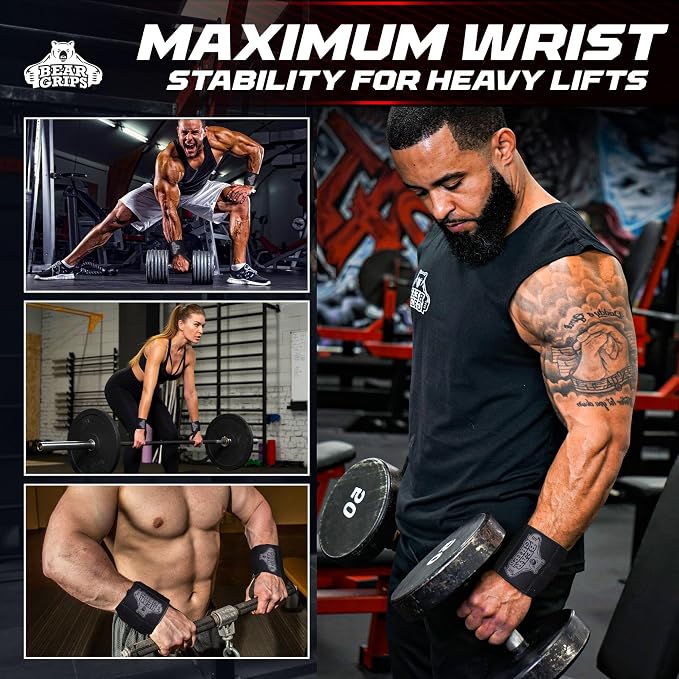 Bear Grips Wrist Wraps for Weightlifting | Weight Lifting Wrist Straps for Weightlifting | Extra Strength Gym Wrist Wraps | Two Wrist Wrap Per Pack | 12” & 18” | Lifting Wrist Wraps for Men & Women