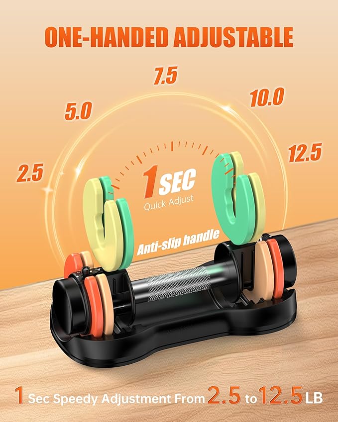 5-IN-1 Adjustable Dumbbell Set, Pair 12.5LB/22.5LB Weight Set for Home Gym | rainbow-colored weight plates, anti-slip handle, suit both men and women, full body home workout