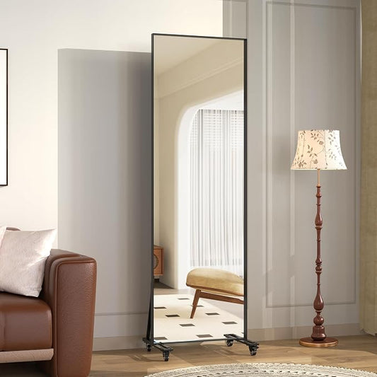 ANYHI Full Length Mirror on Wheels, 360° Swivel Full Body Rolling Mirror | 23.6"X74.5" Workout Mirror, HD Glass, Sturdy Metal Frame, Smooth Rolling Casters, Ideal For Gym, Bedroom, Dance Studio & Yoga