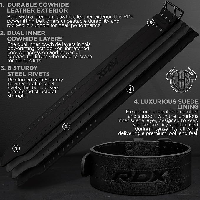 RDX IPF Compliant Powerlifting Belt 13mm and 10mm, USAPL USPA and IPL Competition Level Genuine Leather 4” Gym Belt for Heavy Weight Lifting Deadlift Squats and Strongman Strength Training, Men Women
