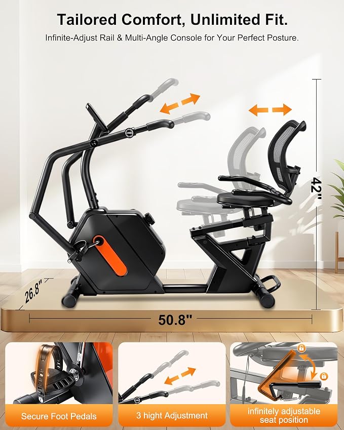 Kawnina Recumbent Exercise Bike for Home with Arm Exerciser, 420 lbs | Heavy-duty stationary bike with ergonomic mesh backrest, adjustable seat rail, arm exerciser & 16-level magnetic resistance.