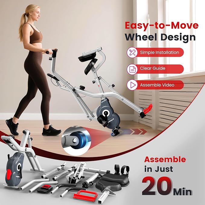 Foldable Elliptical Exercise Bike, 8-Level Magnetic Stationary Bike Home | Quiet Indoor Fitness Bike with Moving Arm Handles & Adjustable Seat, 300LBS Capacity for Cardio and Rehab Training