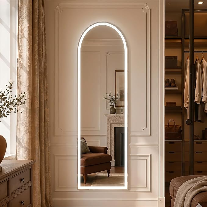 Arched Full Length Mirror with LED Lights, 60"x16" LED Floor Mirror with Stand, Body Floor Mirrors with Dimming & 3 Color Lighting, Wall Mounted LED Mirrors for Bedroom, Dressing Room, Cloakroom