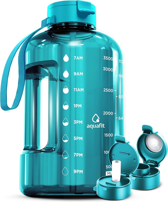 AQUAFIT 1 Gallon Water Bottle with Time Marker | BPA Free 128 oz Water Bottle with Straw and Chug Lids - Leakproof Gym Water Bottle with Carry Handle (Aqua)