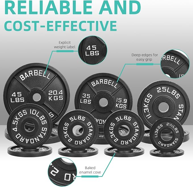 Fitvids Barbell Cast Iron 2-Inch Weight Plates for Strength Training & Weightlifting, 95LB Set