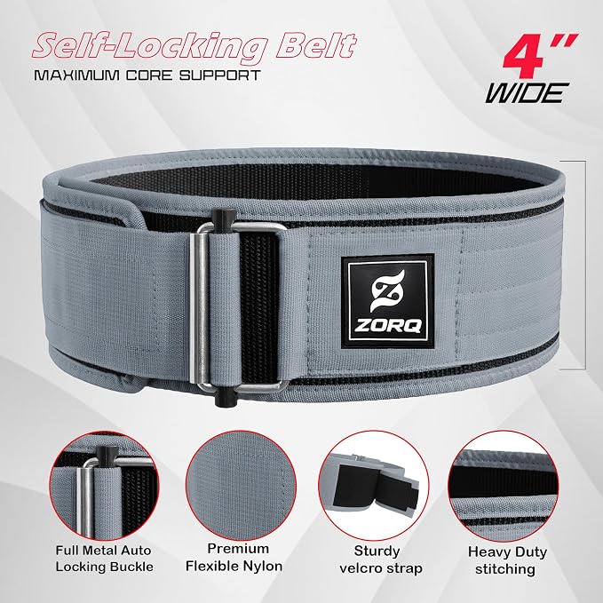 ZORQ Self-Locking Weight Lifting Belt - 4 Inch Wide Quick-Locking Gym Belt for Men & Women - Professional Weightlifting Belt for Olympic Lifting, CrossFit, Squats & Deadlifts - Back Support