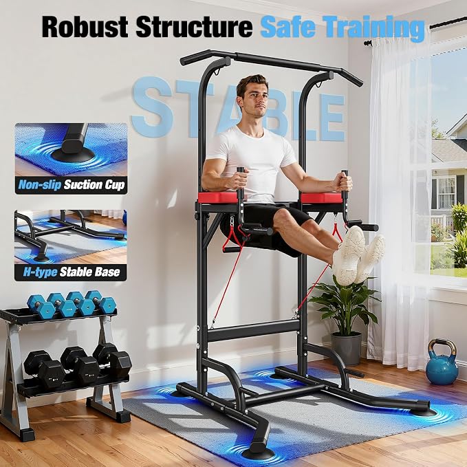 Dskeuzeew Pull Up Bar Free Standing for Multi-Function Home Gym Strength, Pull Up Dip Station Assistive Trainer Height Adjustable, Power Tower Training Heavy-Duty Fitness Equipment
