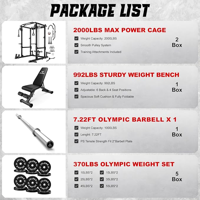 JELENS C12 Power Rack, 2000LBS Squat Rack with Cable Crossover System, Workout Cage with More Training Attachments for Home Gym