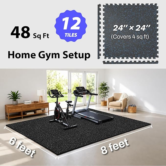 AIRHOP 1" Ultra-Thick 48 Sq Ft Rubber Top Gym Flooring for Home Gym | 12 Tiles, High Density EVA Foam, Waterproof & Non-Slip Rubber, Interlocking Puzzle Mats, Heavy Duty Floor Protection, 24"x24"
