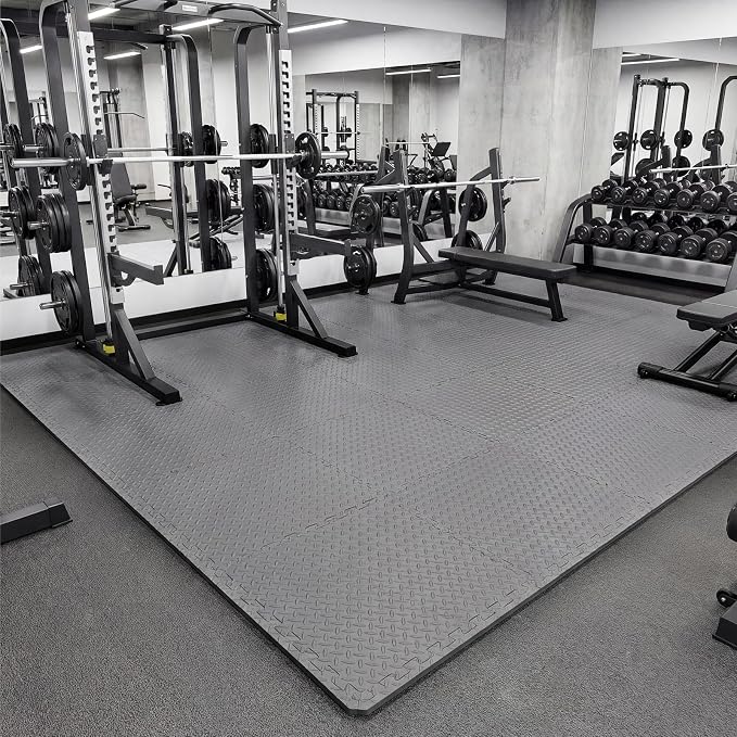 Tangkula 48 Tiles Exercise Flooring with Border, Non-Slip EVA Foam Protective Mats, Elastic Puzzle Play, 1/2" Interlocking Floor for Home Gym, Fitness Room, Workshop Equipment (Gray)