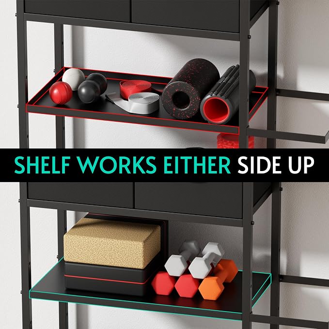 Home Gym Storage Rack, Adjustable 4-Tier with Extra Drawer | Home gym storage rack with 4 adjustable zones, fabric drawer & 150 lb shelves, for dumbbells, mats and workout gears