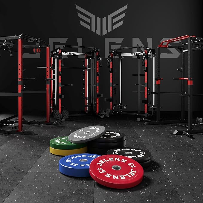 JELENS Olympic Barbell Weight Plates Set, 2-Inch Black/Colored Rubber Bumper Plate Weight Set for Strength Training and Weightlifting, Multiple Options