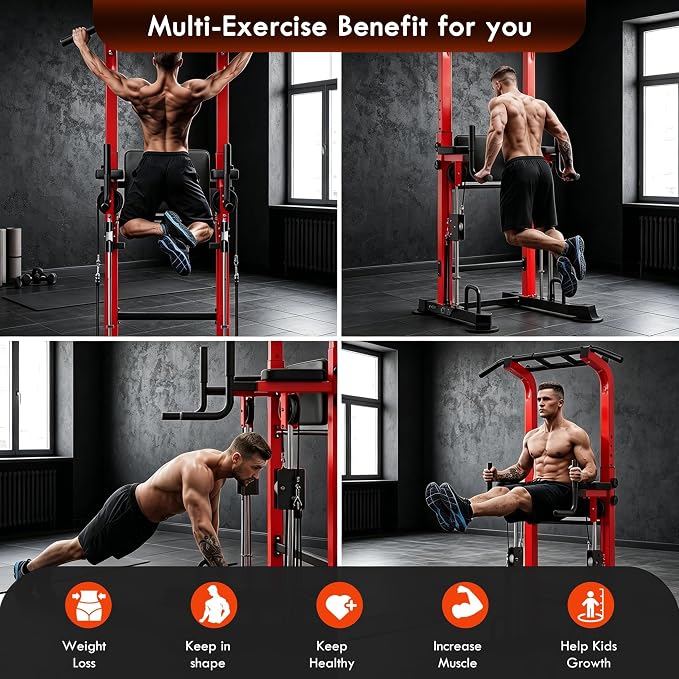 SogesPower Power Tower Multi-Function Pull Up Bar Station for Home Gym | 10-Level Height& 5-Level Armrest Adjustable,2-IN-1 Assisted Pad,Pull Up Dip Station Strength Training Workout Equipment