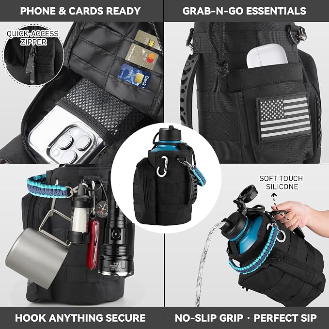KXIAOCHEN Insulated Water Bottle with Strap, 48-Hour Cold, 2 Lids | Triple-wall insulation, lead-free 18/8 Stainless steel, paracord handle, carabiner clip, for gym, hiking, camping and travel