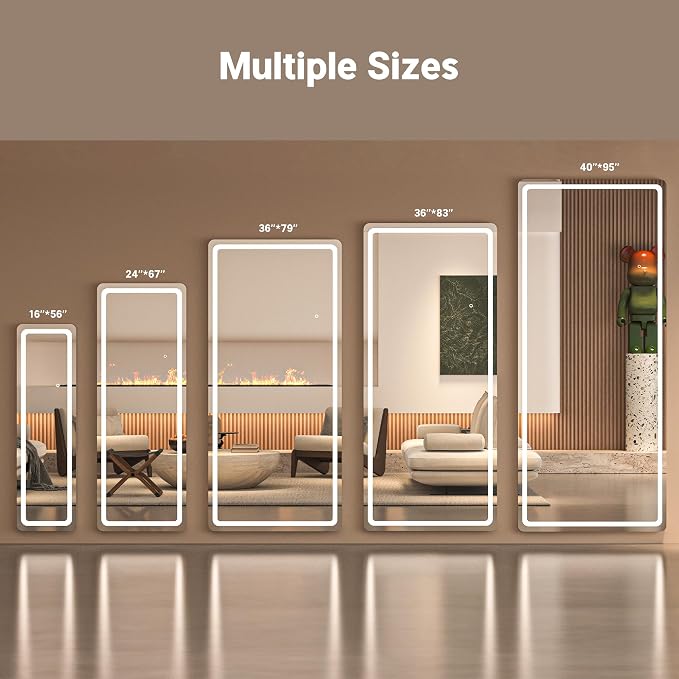 Full Length Mirror with Lights, 56" x 15.8" LED Lighted Floor Standing Body Mirror, Dimmable & 3 Color Lighting Cloakroom, Dressing Room, Tempered Glass, Rounded Corner White