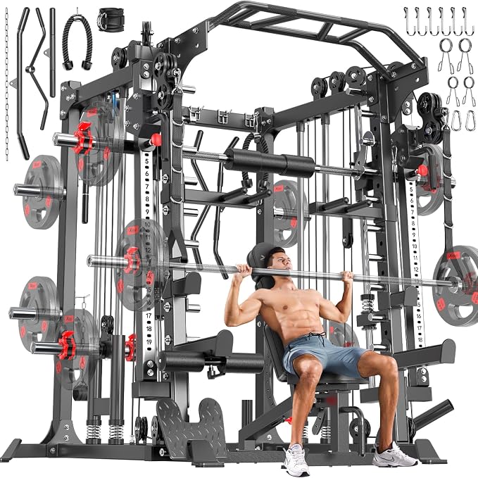 Multi-Purpose Squat Rack,Smith Machine Weight Rack Set with Cable Crossover System, Home Gym Power Racks, Power Racks and Packages