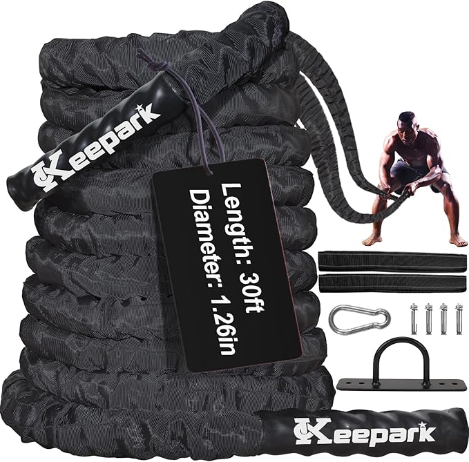 Battle Ropes for Home Gym Exercise: 1.26 Inch Diameter 30FT Length Workout Rope Exercise Rope Training Ropes with Protective Sleeve for Kids Men Women Exercise Fitness & Strength Training