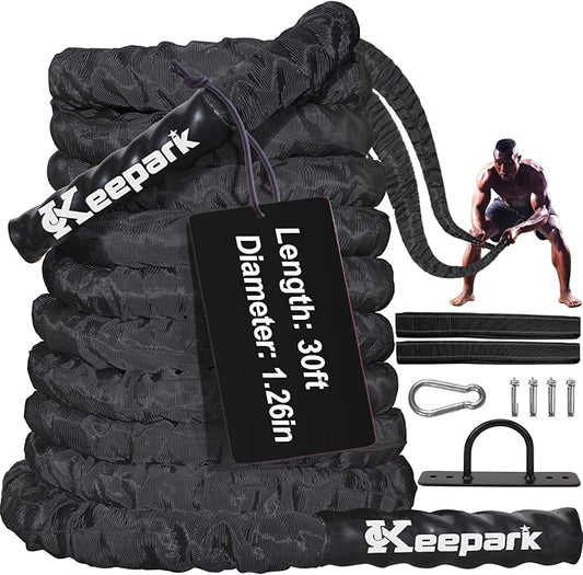 Battle Ropes for Home Gym Exercise: 1.26 Inch Diameter 30FT Length Workout Rope Exercise Rope Training Ropes with Protective Sleeve for Kids Men Women Exercise Fitness & Strength Training