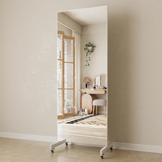 Full Length Floor Mirror with Wheels, Super Lightweight Glassless Shatterproof Film Mirror, Rolling Mirror for Home Gym, Dance Studio, Yoga Room, 67×20Inch, White