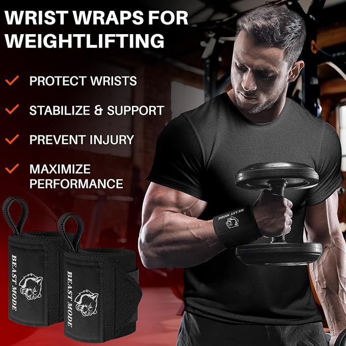 TECEUM Elastic Cotton Weightlifting Wrist Wraps with Thumb Loops, 1 Pair