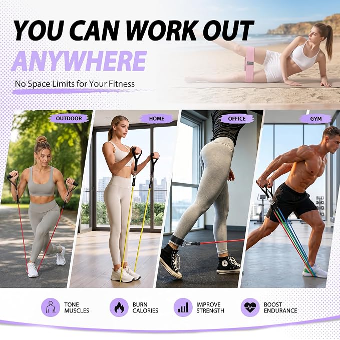 WHATAFIT Resistance Bands with Handles, 5-Level Exercise Bands for Workout | Natural latex,10-50 lbs, stackable to 150,Ankle Straps, Door Anchor,Guide. For Strength, Yoga,Home Gym,Travel & Workout.