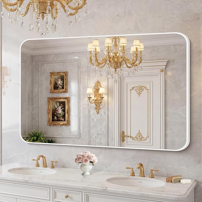 BONEWEI White Bathroom Mirror,55x36 inch Wall Mirror for Bathroom Wall Mounted,Rectangle Mirror for Bathroom Over Sink,Modern Frame Round Corner for Living Room,Bedroom Entryway,Horizontal/Vertical
