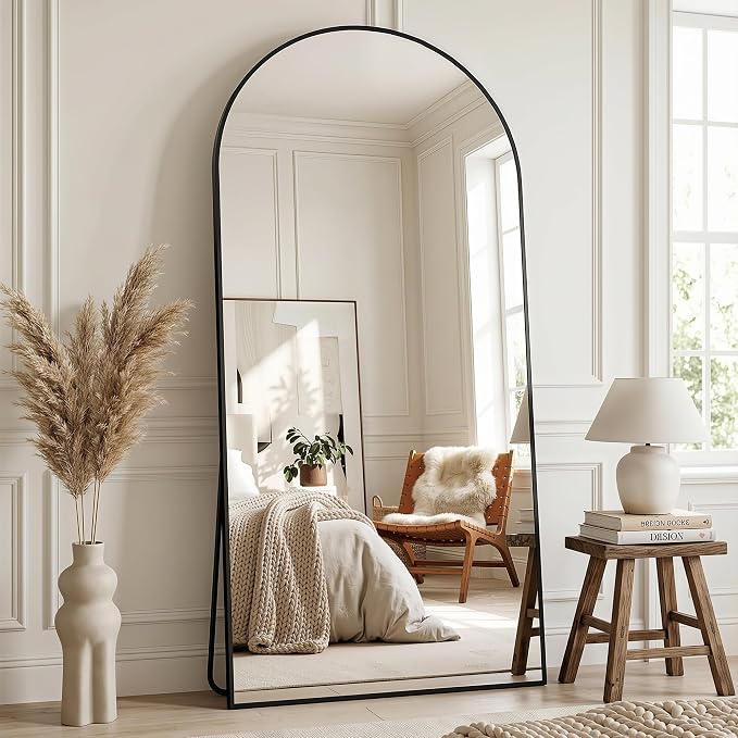 Full Length Mirror, 76"x34" Arched Floor Mirror Freestanding, Floor Standing Full Body Mirror with Stand for Bedroom, Hanging Mounted for Living Room Cloakroom, Black