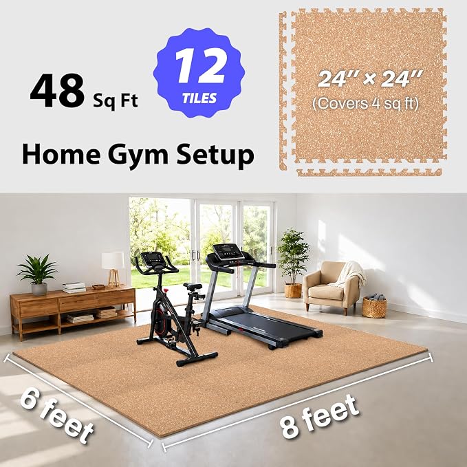 AIRHOP 1" Ultra-Thick 48 Sq Ft Rubber Top Gym Flooring for Home Gym | 12 Tiles, High Density EVA Foam, Waterproof & Non-Slip Rubber, Interlocking Puzzle Mats, Heavy Duty Floor Protection, 24"x24"