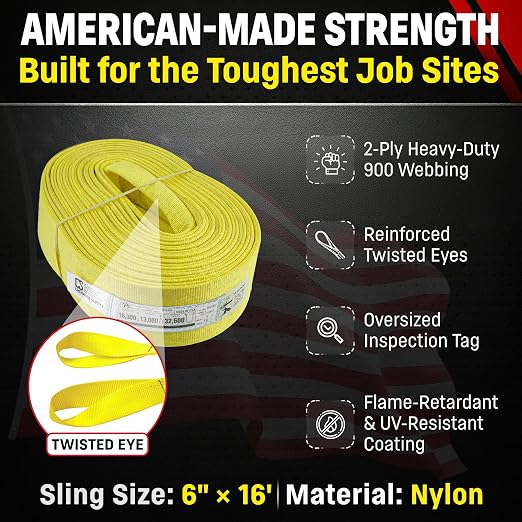 DD Sling 6 Inch x 16 Foot Nylon Lifting Sling – USA Made, 16,300 lb Vertical, 13,000 lb Choker, 32,600 lb Basket – 2-Ply Heavy Duty 900 Webbing, Type 4 Twisted Eye & Eye Rigging Sling