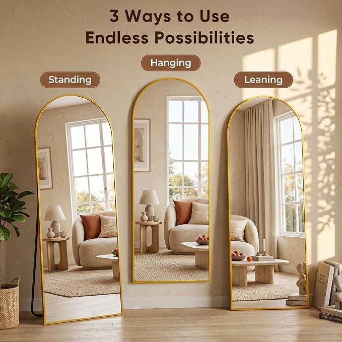 Full Length Mirror, 58"x19" Arched Floor Mirror Freestanding, Floor Standing Full Body Mirror with Stand for Bedroom, Hanging Mounted for Living Room Cloakroom, Gold
