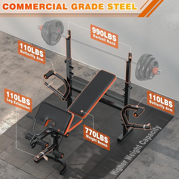 XDDIAS Bench Press, 6 IN 1 Olympic Weight Bench With Leg Extension, Curl and Squat Rack, 770LBS Multi Weight Benches for Home Gym, Workout Bench Flat Incline Lifting Bench for Strength Training
