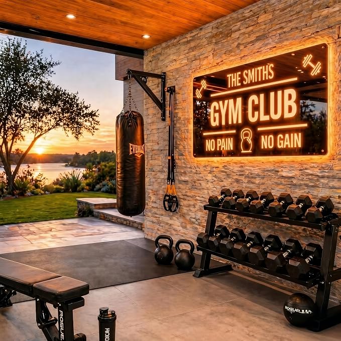 Large Custom LED GYM Sign, Handmade Persoanlized 3D Mirror Gym Dumbbell Barbell Light Sign for Home, Light up Sign for Man Cave, Garage Gym & Fitness Room Sport Workout Room