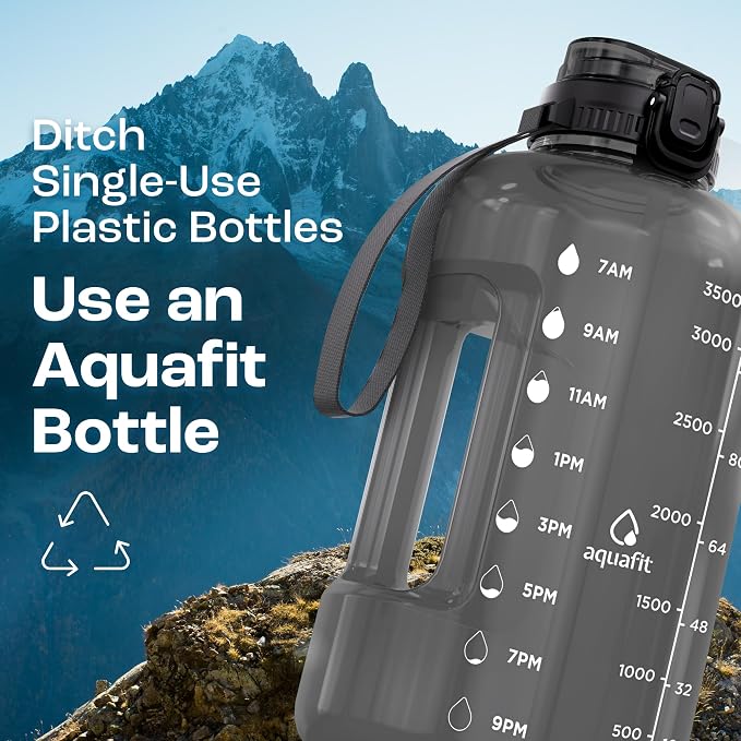 AQUAFIT Gallon Water Bottle with Time Marker, 2in1 Lid | BPA Free 128 oz Water Bottle with 2in1 Straw and Chug Lid - Leakproof Gym Water Bottle with Carry Handle (Gray)