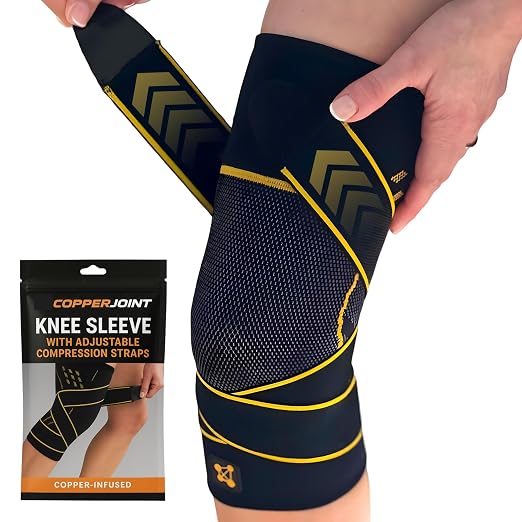 CopperJoint Knee Sleeve with Straps for Women & Men, Adjustable Targeted Knee Support Sleeve for More Secure Compression and Daily Activity, Single Sleeve Only