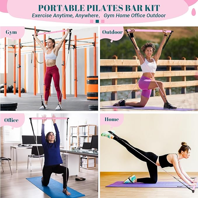 Pilates Bar Kit with Resistance Bands, Multifunctional Yoga Pilates Kit | Heavy-Duty Metal Adjustment Buckle, Portable Home Gym Pilates Resistance Bar Kit for Women Full Body Workouts