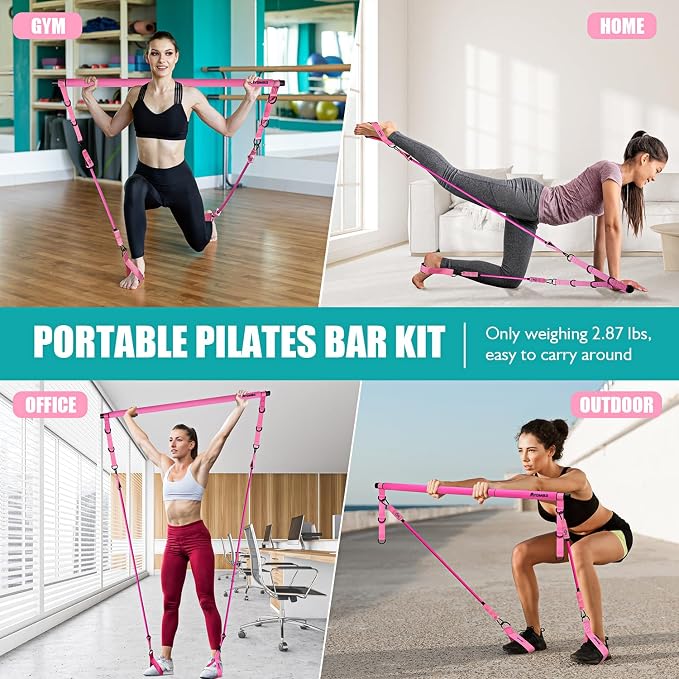 Ayombo Pilates Bar Kit with Resistance Bands, Pilates Workout Equipment for Legs, Hip, Waist, Arm, Squats Exercise Equipment for Home Workouts, Adjustable 3-Section Pilates Bar Kit for Women & Men