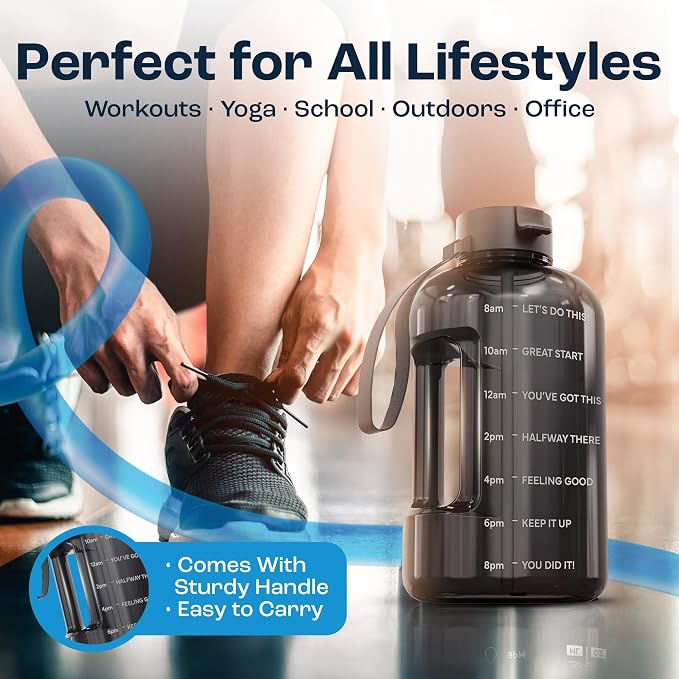 AQUAFIT Half Gallon Water Bottle with Motivational Quotes | BPA Free 64 oz Water Bottle with Straw and Chug Lids - Leakproof Gym Water Bottle with Carry Handle (Gray)