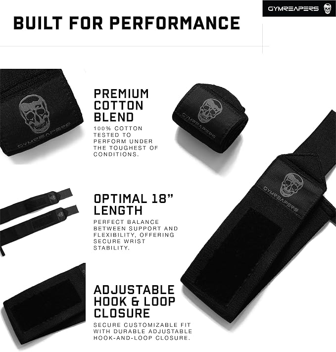 Gymreapers Weightlifting Wrist Wraps (IPF Approved) Professional Quality Wrist Support with Heavy Duty Thumb Loop - Best Wrap for Powerlifting Competition, Strength Training, Bodybuilding
