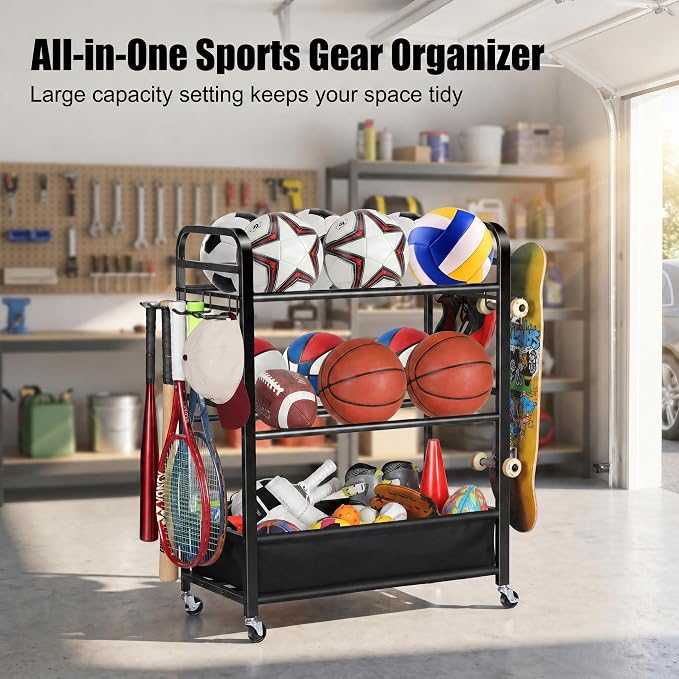 EXTCCT Basketball Rack, Rolling Basketball Shooting Training Stand,Sports Equipment Storage with Wheels, Four-Layer Organizer Holder with Two Basket for Basketballs Footballs Volleyball