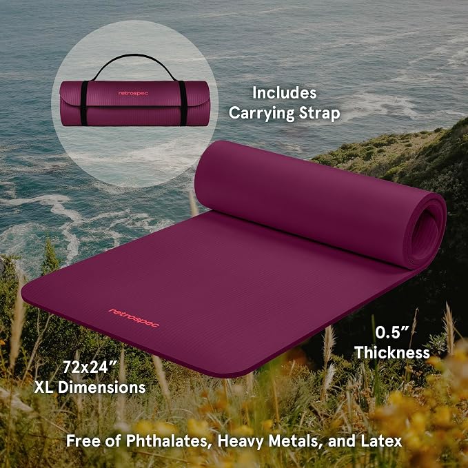 Retrospec Solana Yoga Mat Thick 1/2in Non-Slip Workout Mat with Nylon Strap - 72x24in Exercise Mat for Pilates, Stretching & Fitness - BPA Free, Easy Clean