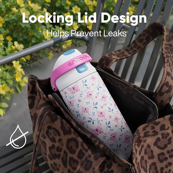 ENCOOL Leakproof Insulated Water Bottle with Straw Dual-Sip Water Bottle Bag-Safe Design for Work, Commute & Gym – Keeps Drinks Cold All Day, 32 oz, Blossom Butterfly
