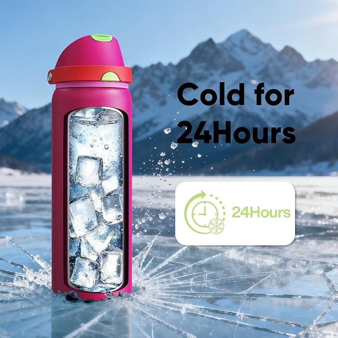 Insulated Water Bottle with Straw - Encool Stainless Steel Water Bottle with Push Button Lid, Leak-Proof & BPA-Free, Keeps Cold for 24 Hours for Sports, Travel, Gym (32 oz, Cerise Pink)