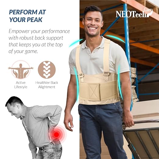 NeoTech Care Back Brace with Suspenders for Work - Industrial Lifting Safety, Elastic Compression, Hook & Loop Closure (Beige, Size XXL)