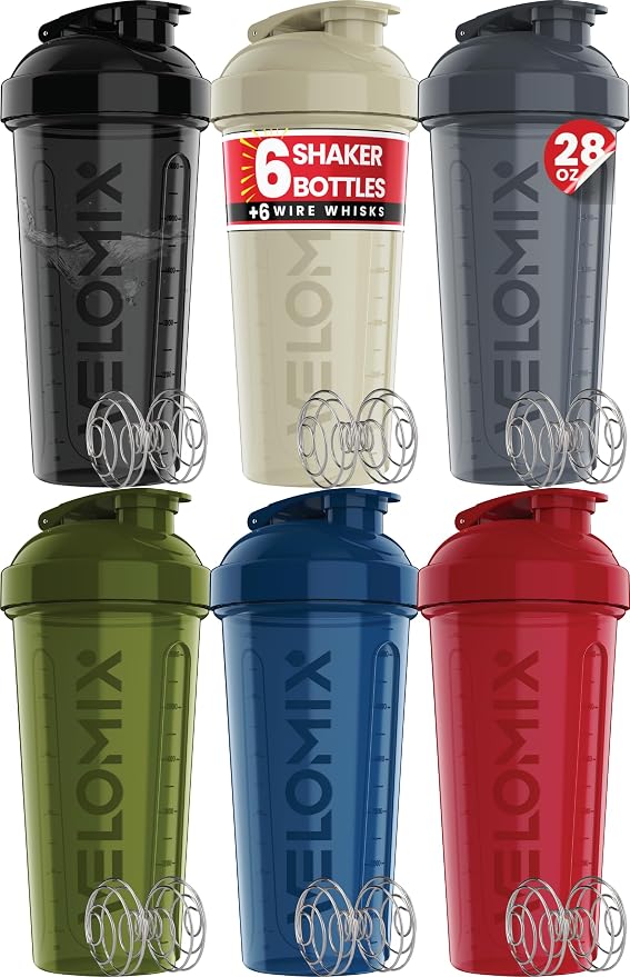 VELOMIX 6 Pack 28oz Protein Shaker Bottle, Stealth Edition | 6x Wire Whisk, Leak Proof Shaker Cups for Protein Shakes, Stackable, Dishwasher safe, BPA free, Pre Workout and Gym ready