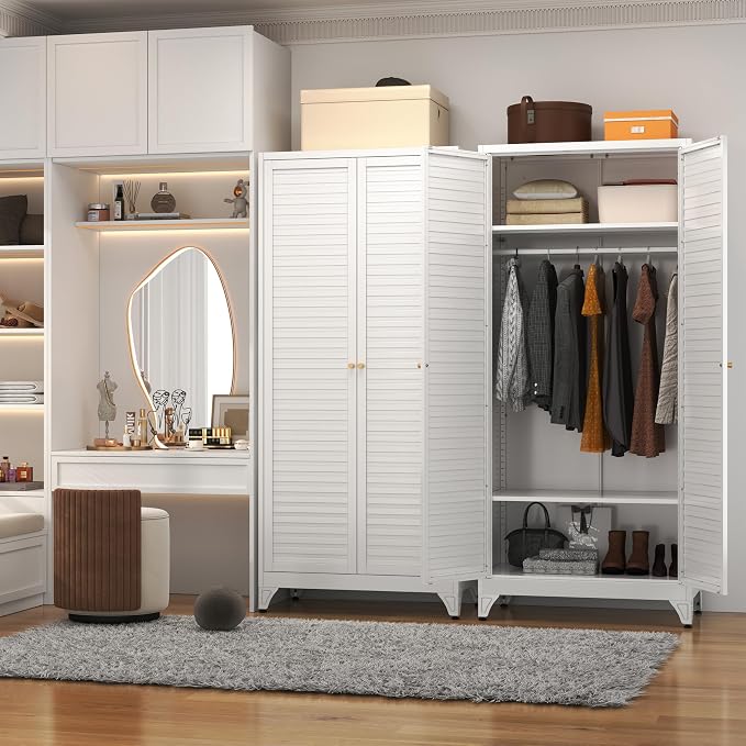 Polup Metal Armoire Wardrobe Closet with Doors, 71" Tall Wardrobe Cabinet | Heavy Duty Steel Clothing Storage Cabinet with Adjustable Shelves, Hanging Rod, for Bedroom, Office, Employee, Gym, White
